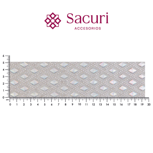 Lámina cristal rombo AB + cristal plata + caviar blanco. P447HC