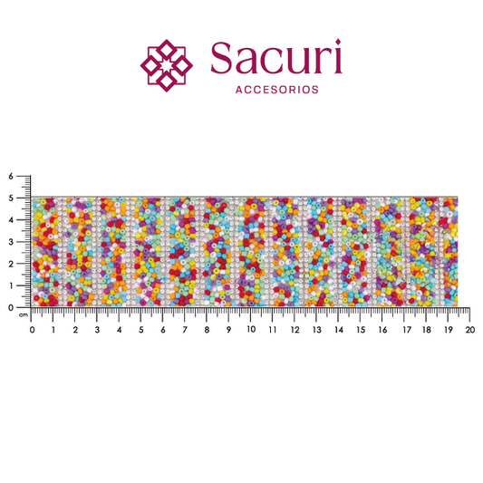 Lámina tiras 15mm cristal 2mm plata + chaquira multi naranja. P509HC