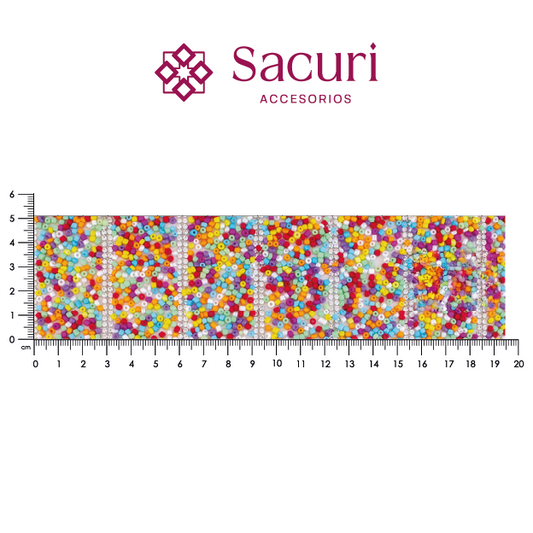 Lámina tiras 30mm cristal 2mm plata + chaquira multi naranja. P511HC