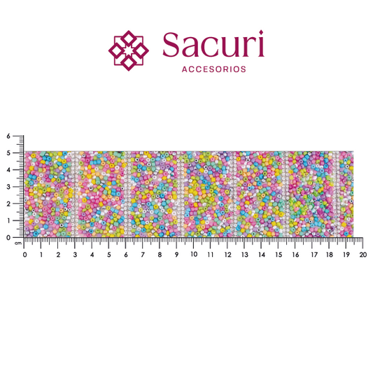 Lámina tiras 30mm cristal 2mm plata + chaquira multi verde. P515HC