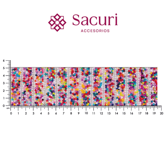 Lámina tiras 15mm cristal 2mm plata + chaquira multi rojo. P517HC