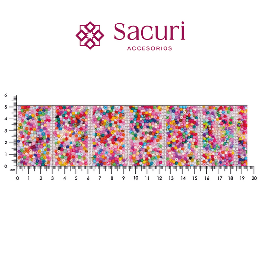 Lámina tiras 30mm cristal 2mm plata + chaquira multi rojo. P519HC