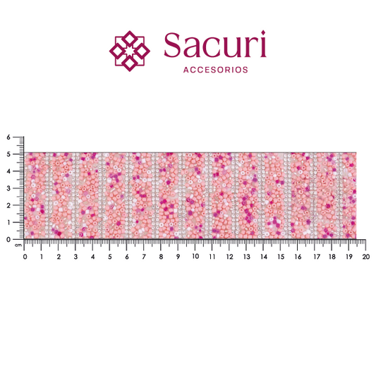 Lámina tiras 15mm cristal 2mm plata + chaquira multi rosa. P521HC