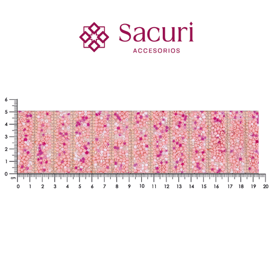 Lámina tiras 15mm cristal 2mm LP + chaquira multi rosa. P522HC