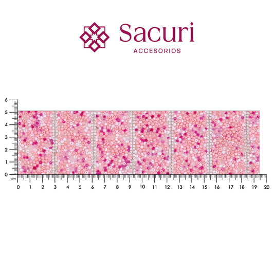 Lámina tiras 30mm cristal 2mm plata + chaquira multi rosa. P523HC