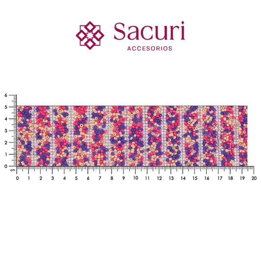 Lámina tiras 15mm cristal 2mm plata + chaquira multi morado. P525HC