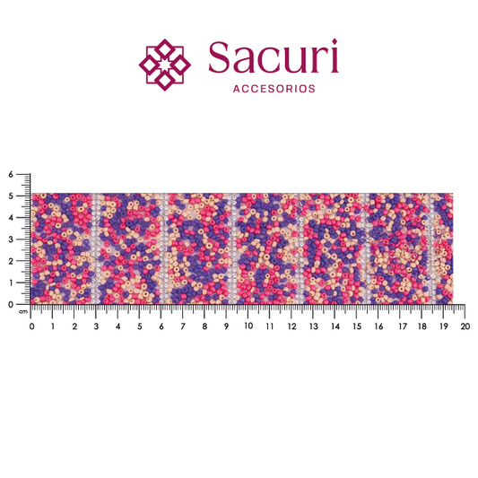 Lámina tiras 30mm cristal 2mm plata + chaquira multi morado. P527HC